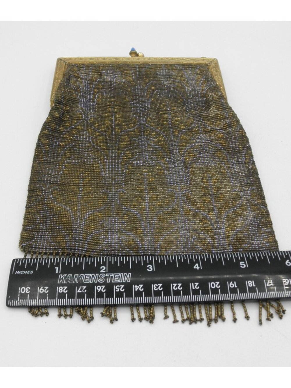 Vintage Antique Micro Beaded Purse Art Deco Evening Bag Gold Blue with Fringe - Picture 12 of 14